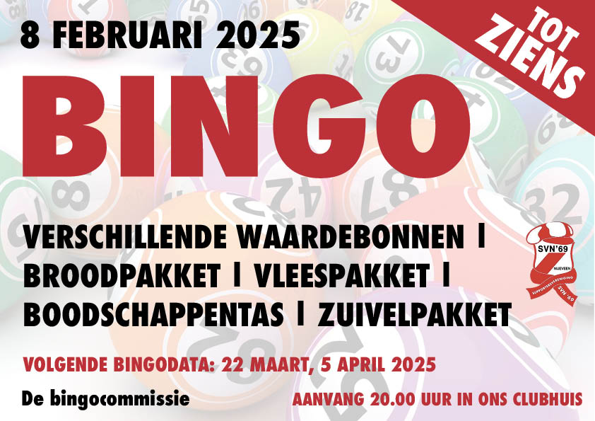 8 Februari Bingo aanvang 20:00 in ons clubhuis